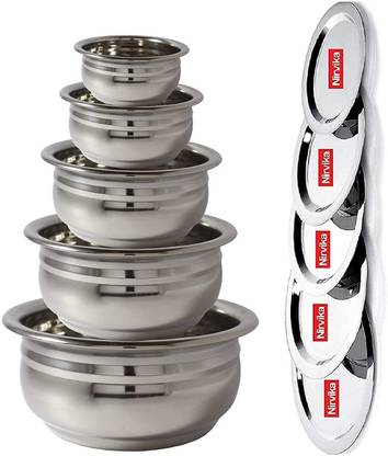 Nirvika Stainless steel handi Set with lid 5 Piece Set serving bowl patila tapeli Non-Stick Coated Cookware Set