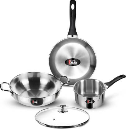 MILTON Pro Cook Stainless Steel Sandwich Bottom 4 pcs Kitchen Set Two Pan, Kadai, Lid Induction Bottom Cookware Set