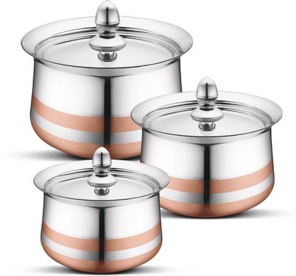 Classic Essentials Stainless Steel Copper Line 3-Piece Biryani Handi For Serving, Cookware Set