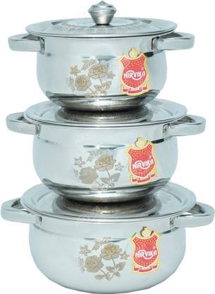 Nirvika Stainless Steel Serving Bowl 3 Piece Stainless Steel Laser Handi With Lid