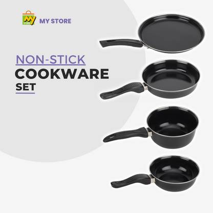 MY STORE Nonstick Tawa, Fry Pan, Sauce Pan & Tadka Pan - Cookware Set of 4 Pc | Induction Bottom Non-Stick Coated Cookware Set