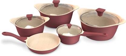 IMPEX RUBY 9PCS Aluminium Diecast Nonstick Milk pan, Fry pan, 3 Casserole, 4 Glass Lid Non-Stick Coated Cookware Set