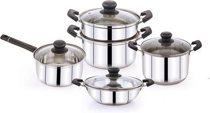 Klassi Kichen Stainless Steel Steamer,Pot,Kadai,Saucepan& Glass Lid Induction Bottom Cookware Set