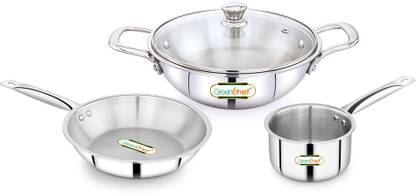 Greenchef Crest Triply Cookware combo(Kadhai glass lid 22CM, Sauce pan 14CM, Fry pan 22CM) Induction Bottom Cookware Set