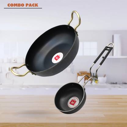 LAZYwindow Traditional Iron Deep Bottom Kadhai And Tadka Pan with Steel Handle Combo Pack Induction Bottom Cookware Set