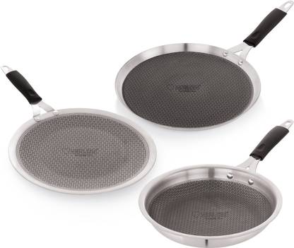 NIRLON Prima Honeycomb Triply Cookware Set|Flat Tawa 29cm/Roti Tawa 28cm/FryPan 24cm Induction Bottom Non-Stick Coated Cookware Set