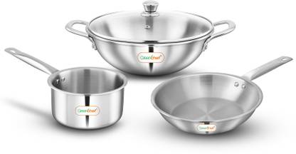 Greenchef Crest Triply Cookware combo(Kadhai glass lid 22CM, Sauce pan 14CM, Fry pan 22CM) Induction Bottom Cookware Set