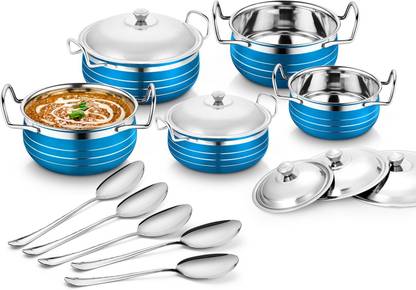 Classic Essentials Stainless Steel Blue Color Serving Handi with Steel Lid & Serving Spoon Cookware Set