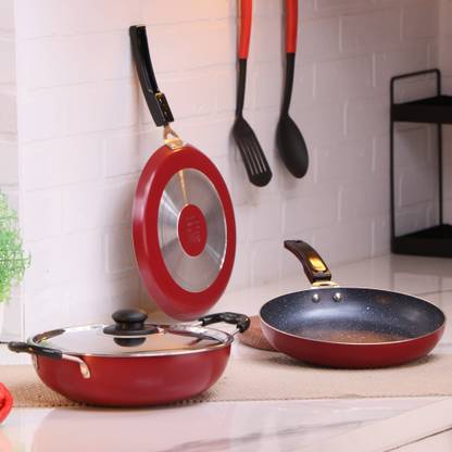 Flipkart SmartBuy 5 pc Non-Stick Combo Set of Appam,Dosa Tawa & Kadhai With Steel Lid and 2 Spoon Non-Stick Coated Cookware Set