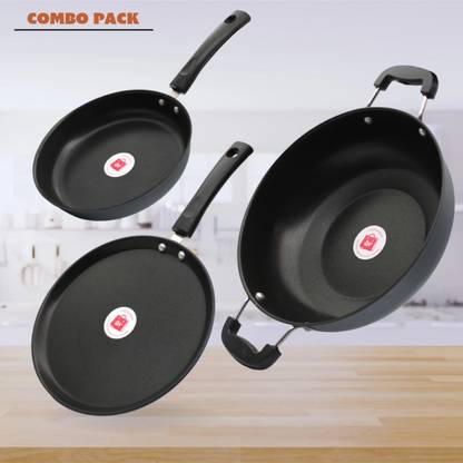 LAZYwindow Premium Quality Nonstick Fry Pan/Tawa And Kadhai Combo Induction Bottom Non-Stick Coated Cookware Set