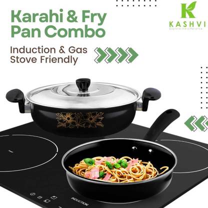 HouseOfCommon Deep-Fry Kadahi with Stainless Steel Lid+ Deep Frying Pan Combo Gas Compatible Induction Bottom Non-Stick Coated Cookware Set