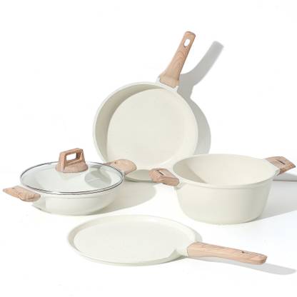 CaROTE Non Stick cookware set, Induction bottom for Cooking, White Omlette Pan,5pcs/set Induction Bottom Non-Stick Coated Cookware Set