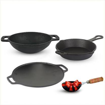 The Indus Valley Pre-Seasoned Cast Iron Cookware Set + Free Tadka Pan | Tawa, Kadai & Fry Pan Induction Bottom Cookware Set