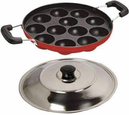 lavtoz 12 Cavities Non Stick Appam Patra with Lid Red Paniyarrakal Paniyaram Pan Maker Induction Bottom Non-Stick Coated Cookware Set