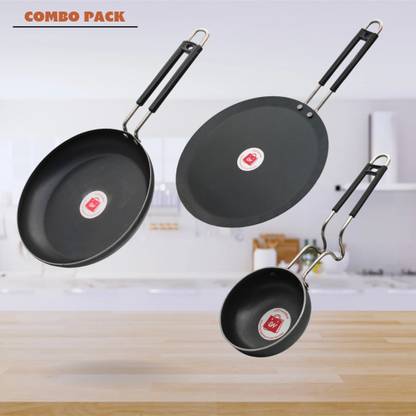 LAZYwindow Traditional Iron Fry Pan, Tawa And Tadka Pan with Steel Handle Induction Bottom Cookware Set