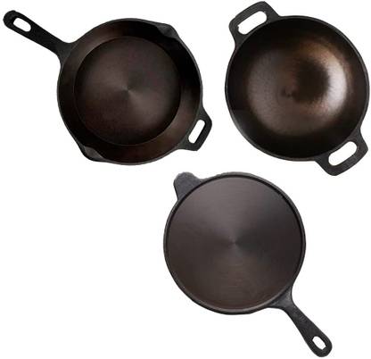 The Indus Valley Super Smooth Cast Iron Cookware Set | Set of Tawa, Kadai & Fry Pan Induction Bottom Cookware Set