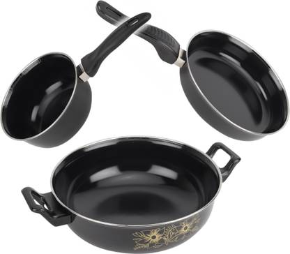 MY STORE Non-Stick Kadhai, Fry Pan, Tadka Pan - Perfect Kitchen Cookware Set (3 Pcs) | Induction Bottom Non-Stick Coated Cookware Set