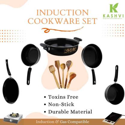 Kashvi Best 5Pcs Combo Gas Stove Compatible Kitchen Set Induction Bottom Non-Stick Coated Cookware Set
