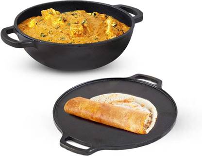 The Indus Valley Pre-Seasoned Cast Iron Cookware Set | Tawa (30 cm) + Kadai (25.4 cm/2.3L) Induction Bottom Cookware Set