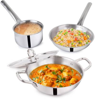 The Indus Valley Triply Stainless Steel Cookware Set | Set of Kadai, Fry Pan & Milk Pan Induction Bottom Cookware Set