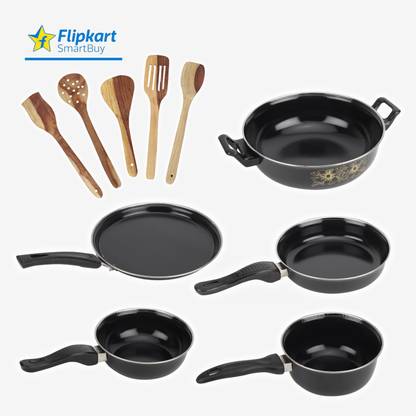 Flipkart SmartBuy Set of Kadhai, Tawa, Fry Pan, Sauce Pan, Tadka Pan & 5 Wooden Spatula 07 | Induction Bottom Non-Stick Coated Cookware Set