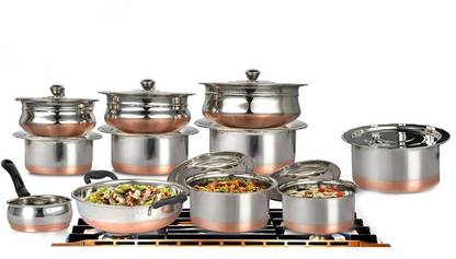 MAHAVIR 20 Pcs Copper Base Cook & Serve Set + 5 Pcs Kitchen Tools Cookware Set
