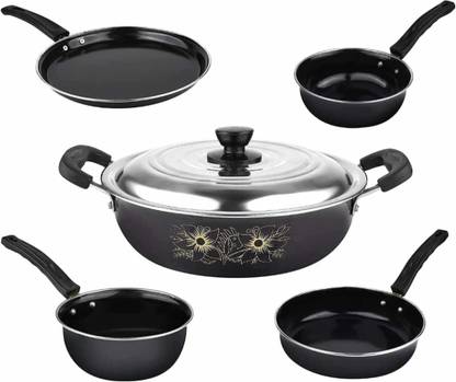 Flamesafe Combo of Kadi with lid Fry pan Tawa Sauce pan & Tadka pan 5 pcs Set Induction Bottom Non-Stick Coated Cookware Set