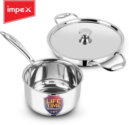 IMPEX Triply Stainless Steel 3 Pcs Cookware Set (24cm Kadai, Lid, 16 cm Milk pan) Induction Bottom Cookware Set