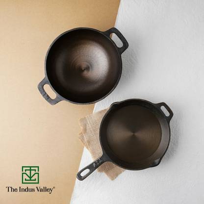 The Indus Valley Pre-seasoned Super Smooth Cast Iron Skillet + Kadai Cookware Set