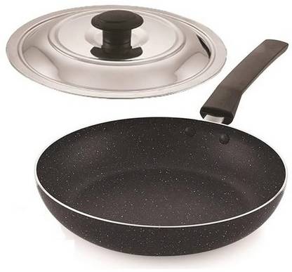 NARV Non Stick Fry Pan Dishwasher Safe, Tawa with Steel Lid, Spatula & Scrubber K1 Non-Stick Coated Cookware Set
