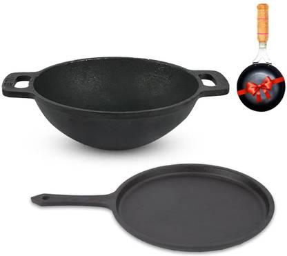 The Indus Valley Pre-Seasoned Cast Iron Cookware Set + Free Tadka Pan | Set of Kadai & Tawa Induction Bottom Cookware Set
