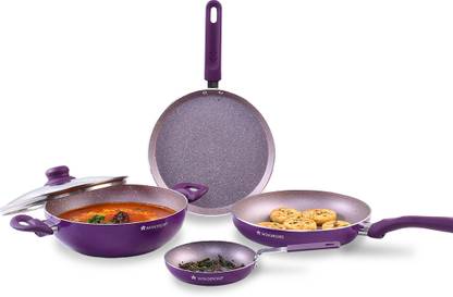 WONDERCHEF Royal Velvet Non-stick 5-piece Cookware Set (Fry Pan with Lid, Wok, Dosa Tawa, Mini Fry Pan) Induction bottom, Soft-touch handles, Virgin grade aluminium, PFOA/Heavy metals free, 3 mm, 2 years Induction Bottom Non-Stick Coated Cookware Set
