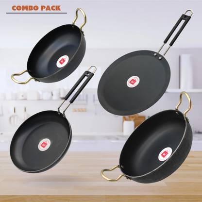 LAZYwindow Traditional Iron Deep Bottom Kadhai / Fry Pan And Tawa with insulated Handle Induction Bottom Cookware Set