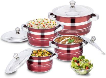 MAHAVIR Stainless Steel 4 Pcs Handi Set with lid Glossy Finish Induction Bottom Cookware Set