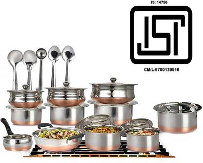 Klassi Kichen by KLASSI KICHEN 20 Pcs Copper Base Cook & Serve Set + 5 Pcs Kitchen Tools Cookware Set Kadhai 22 cm diameter with Lid 2400 L capacity