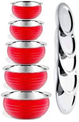 LIMETRO STEEL Set of 5 Flat Base Handi with Lid / Urli Set / Steel (Red) Cookware Set