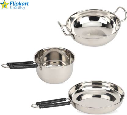 Flipkart SmartBuy Stainless Steel Cookware Set - Combo Pack of 3 - Kadhai, Fry Pan & Sauce Pan Induction Bottom Cookware Set