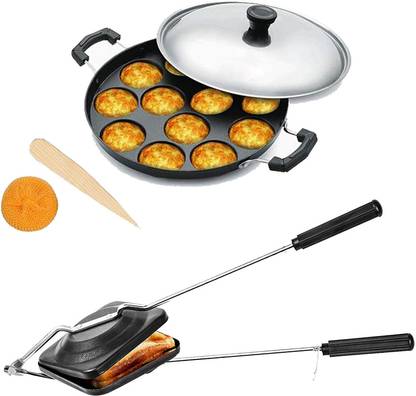 Masox Store Non-Stick Coated Combo Sandwich Toaster, 12 Cavity Appam Patra with Steel Lid S0 Non-Stick Coated Cookware Set