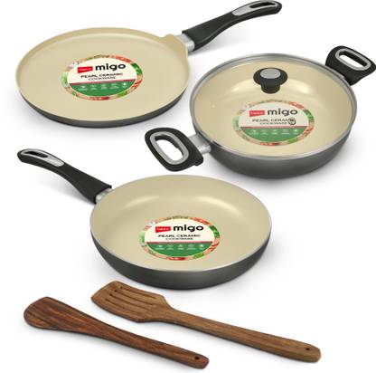 IMPEX Ceramic Cookware set 6 Pcs | Tawa, Frypan, Kadai & Spatula with Glass Lid | Induction Bottom Non-Stick Coated Cookware Set