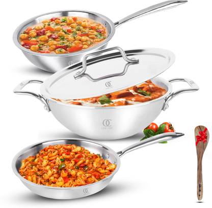 Omichef Primax 20CM Triply Stainless Steel Cookware Set 4 Pcs Kadhai, Frypan, Wok & Lid, Induction Bottom Cookware Set