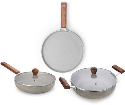 Classic Essentials Marbella 5 layer Nonstick Cookware Set of 3 Pieces with Glass Lid, Induction Bottom Non-Stick Coated Cookware Set