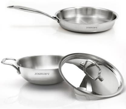 ZORAWARE Triply 3 Pcs Kadai-Fry Pan Cookware Set l Induction Compatible|20 cm -Serves 1-2 Induction Bottom Cookware Set