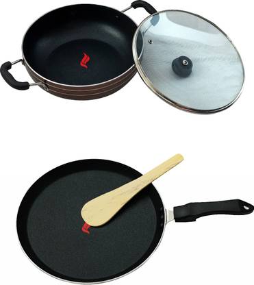 SMART FLAME 2-Piece Non Stick Cookware Set - Deep Kadai with Glass Lid & Big Dosa Tawa Non-Stick Coated Cookware Set
