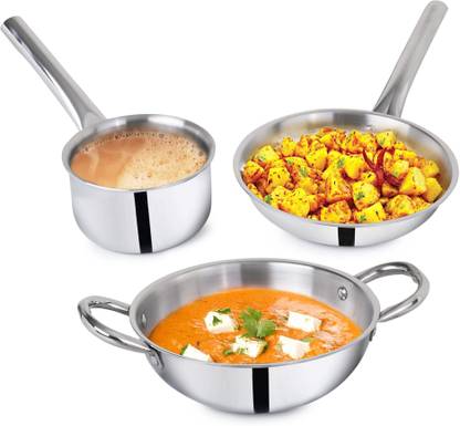 The Indus Valley Triply Stainless Steel Cookware Set: Kadai, Frypan, Tea/Milk pan Induction Bottom Cookware Set