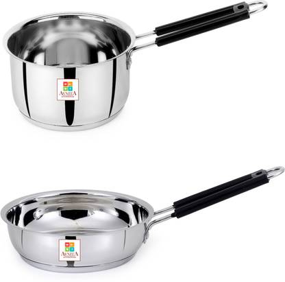 Avnita Kitchenware Stainless Steel Flat Bottom Induction & Gas Compatible Saucepan & Fry Pan Combo Induction Bottom Cookware Set