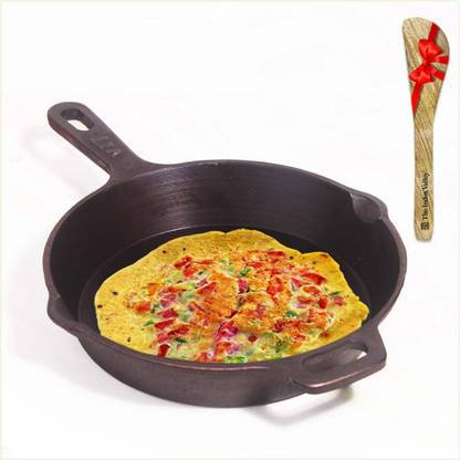 The Indus Valley Super Smooth Cast Iron Skillet Fry Pan + Free Wooden Spatula | 25.4cm, 1.7Ltr Induction Bottom Cookware Set