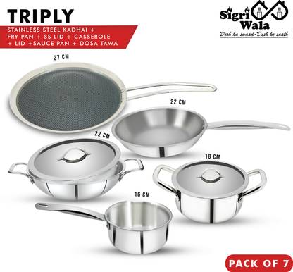 Sigri-wala Triply 7Pcs Combo Kadai22cm, FryPan22cm,Saucepan16cm,Casserole18cm,Tawa27cm,LID Induction Bottom Cookware Set