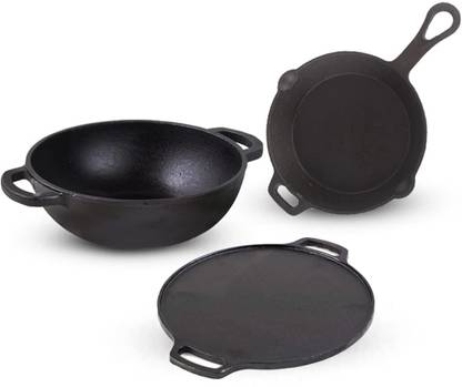 The Indus Valley Cast Iron Kadai (10 inch) , Skillet Fry Pan (9 inch) & Tawa (12 inch) Induction Bottom Cookware Set