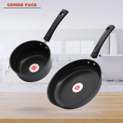 LAZYwindow Nonstick Sauce Pan & Fry Pan Combo (Black And Base Grey) Induction Bottom Non-Stick Coated Cookware Set