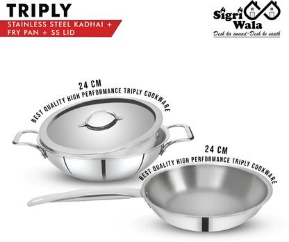 Sigri-wala Cook Healthy Triply 3 PCS Combo Kadai 24cm, Fry Pan 24cm,LID 24cm Induction Bottom Cookware Set